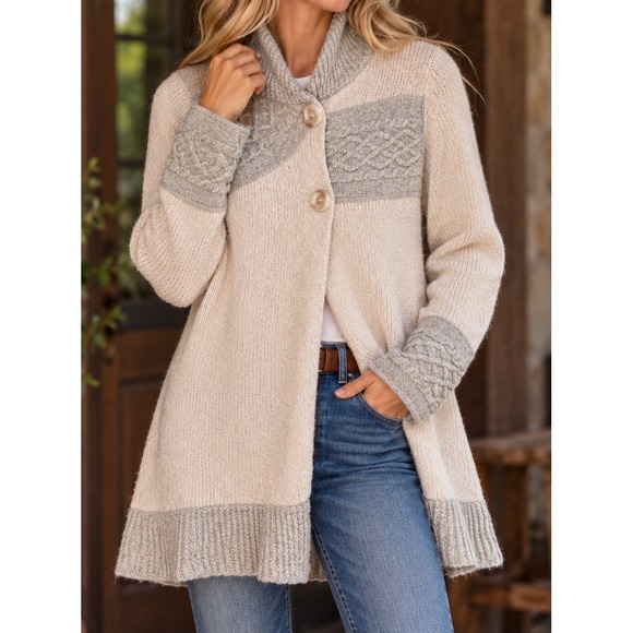 Prana Sweaters - Prana Womens Cream Grey Cable Knit Button Long Cardigan Sweater S wool mohair